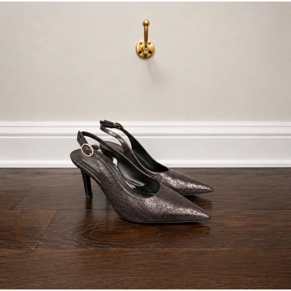 Open Edit Metallic Black Pointed Toe Slingback Heels Size 5M